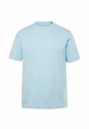 Helles blaues Baumwoll-T-Shirt mit kurzen Ärmeln, rundem Halsausschnitt und geradem Saum. Glatte Textur und minimales Design. 