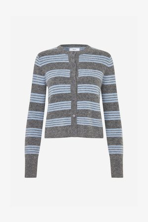 Cardigan grigio con righe orizzontali blu, scollo rotondo, maniche lunghe e sei bottoni viola sulla parte frontale. Tessuto morbido, design corto.