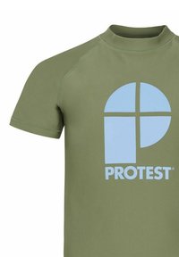 Zeleni rash guard kratkih rukava s svijetloplavim logotipom "PROTEST" i kružnim dizajnom. Glatka tkanina s prilagođenim krojem i visokim ovratnikom.