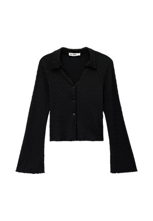 Zwarte gebreide cardigan met een gestructureerd patroon, lange klokvormige mouwen, een kraag en een knoopsluiting aan de voorkant, met een korte pasvorm.