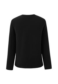 Zwarte langwerpige T-shirt met lange mouwen en ronde hals, gezien vanaf de achterkant met een rechte onderrand en een relaxte pasvorm.
