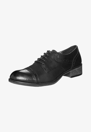 Scarpe oxford nere in pelle sintetica, con design a punta, chiusura con lacci e tacco testurizzato. Finitura liscia con cuciture sottili.
