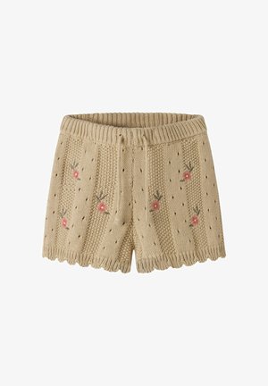 Beige strikkede shorts med bølget kant, med små øje og broderede lyserøde blomster med grønne blade, og snor i taljen.