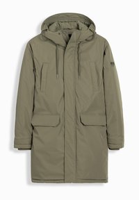 Khakifarbene Parkajacke mit einem Reißverschluss und Druckknopfverschluss, verstellbarem Kordelzugkapuze und zwei großen Fronttaschen. Glattes, wasserabweisendes Material.