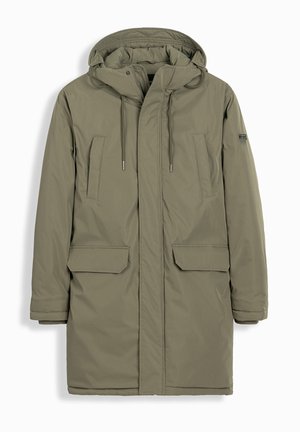 Khaki parka jakke med lynlås og trykknaplukning, justerbar snorhætte og to store frontlommer. Glat, vandafvisende stof.