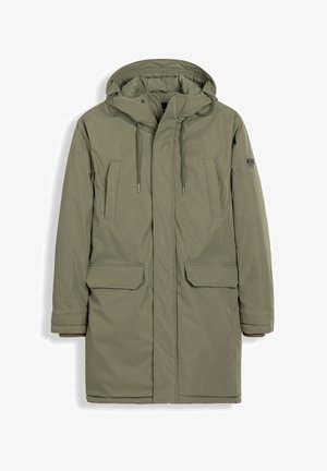Khaki parka jakke med lynlås og trykknaplukning, justerbar snorhætte og to store frontlommer. Glat, vandafvisende stof.