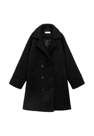 Manteau noir à double boutonnage avec un tissu texturé, grand col et deux poches avant. Présente des fermetures à boutons et une silhouette décontractée.