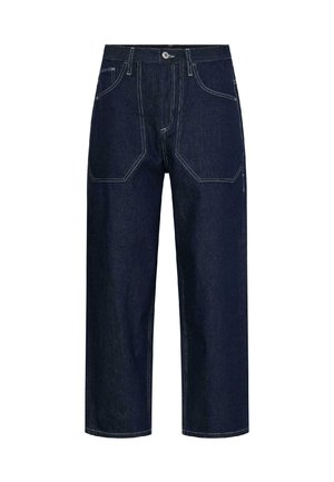 Jean large en denim bleu foncé avec des coutures blanches contrastantes. Comprend deux poches à l'avant et à l'arrière, ainsi qu'une fermeture à bouton à la taille.