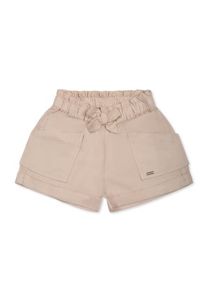 Pantaloni corti beige con una vita elastica arricciata, dettaglio a fiocco e due tasche frontali. Tessuto morbido con una superficie liscia.