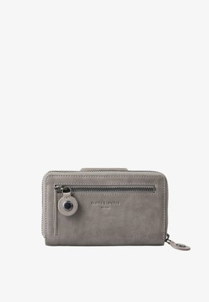 Gray leather wallet with a textured finish, featuring a front zipper pocket, logo detail, and circular hardware accents. Zip closure at the top.