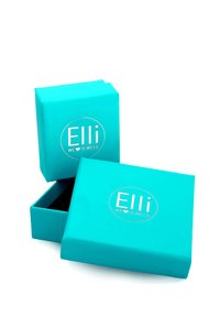 Turkis smykkeboks med en glat mat finish, prydet med et sølvlogo "Elli WE ♥ JEWELS" på forsiden, åben og delvist stablet.