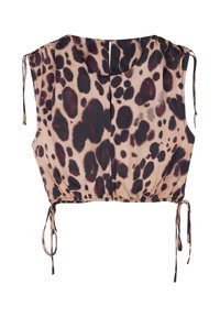 Korte top van lichte stof met een beige basis en een donkerbruine panterprint. Geraffineerde zoom met verstelbare strikdetails aan de zijkanten.