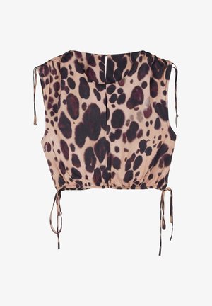 Korte top van lichte stof met een beige basis en een donkerbruine panterprint. Geraffineerde zoom met verstelbare strikdetails aan de zijkanten.