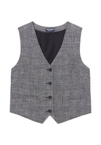Grau Hahnentritt-Weste mit V-Ausschnitt, fünf schwarzen Knöpfen und ohne Ärmel. Verfügt über ein glattes schwarzes Futter. Die taillierte Form verbessert die Passform.