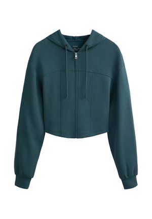 Cropped hooded sweatshirt in dark teal, featuring a front zip, drawstring hood, and ribbed cuffs. Smooth fabric with slight texture.