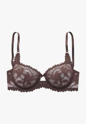 Bruine kanten beugelbeha met bloemmotief, verstelbare bandjes en geschulpte randen, ontworpen voor ondersteuning en decoratieve stijl.