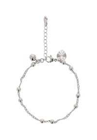 Stříbrný náramek s řetízkovým designem, na kterém jsou kulaté korálky, s karabinkou a dekorativním přívěskem s vzorem slunečního paprsku.