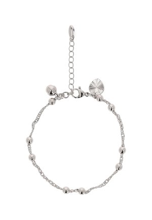 Ezüst karkötő láncformával, amely lekerekített gyöngyöket, homár zárat és egy napfény mintázatú dekoratív medált tartalmaz.