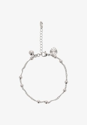 Ezüst karkötő láncformával, amely lekerekített gyöngyöket, homár zárat és egy napfény mintázatú dekoratív medált tartalmaz.