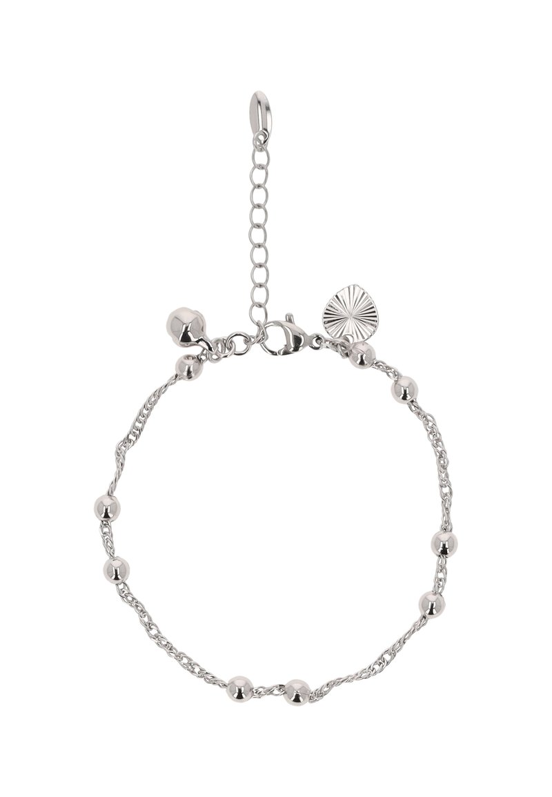 Stříbrný náramek s řetízkovým designem, na kterém jsou kulaté korálky, s karabinkou a dekorativním přívěskem s vzorem slunečního paprsku.