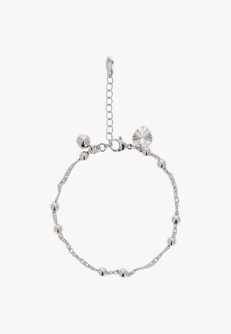 Stříbrný náramek s řetízkovým designem, na kterém jsou kulaté korálky, s karabinkou a dekorativním přívěskem s vzorem slunečního paprsku.