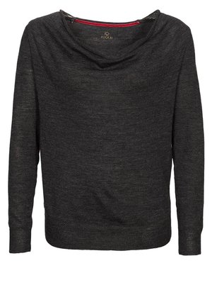 Pull en maille gris foncé à manches longues avec col bénitier drapé et poignets côtelés.