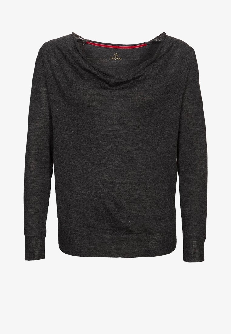 Pull en maille gris foncé à manches longues avec col bénitier drapé et poignets côtelés.
