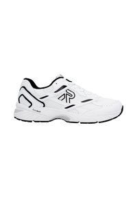 Chaussures de sport blanches avec une tige en maille, des accents noirs, une semelle rembourrée et une fermeture à lacets. Présentent des motifs texturés sur le côté.