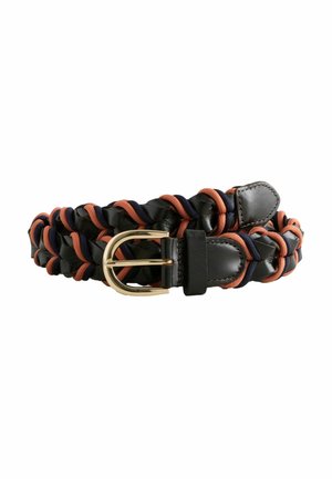 Braided black leather belt with orange and navy fabric cords woven through, featuring a gold metal buckle.