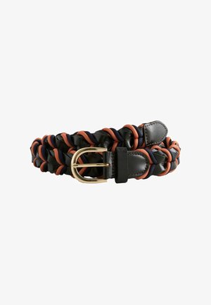 Braided black leather belt with orange and navy fabric cords woven through, featuring a gold metal buckle.