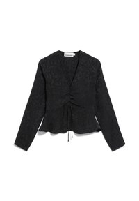 Blusa nera a maniche lunghe con motivo a texture, davanti arricciato e dettaglio con cordino. Orlo svasato e scollatura a V profonda.