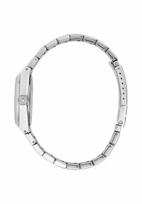 Orologio da polso in metallo argento con cassa rettangolare, bracciale lucido a maglie e chiusura con fibbia, link testurizzati e dettaglio della corona rotonda.