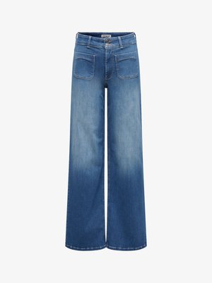 Blaue Jeans mit weitem Bein, vorderen aufgesetzten Taschen, Knopf- und Reißverschluss sowie einem ausgewaschenen Effekt.