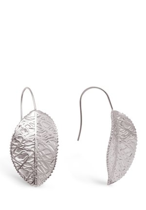 Silver leaf-shaped earrings with intricate textured patterns and a curved hook design. Smooth surface with a polished finish.