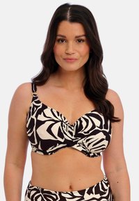 Černý a bílý vzorovaný bikiny top s twistovaným designem, vybavený nastavitelnými popruhy a zlatými kovovými detaily. Hladká textilie.