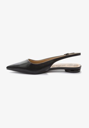 Scarpe flat slingback in pelle nera con punta a punta, tacco basso e design a taglio sui lati. Soletta testurizzata visibile.