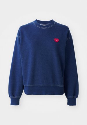 Navy blue sweatshirt made from soft cotton, featuring a round neck, ribbed cuffs, and a small red heart logo on the left chest.