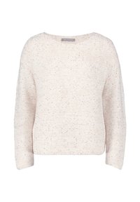 Helles rosa gestricktes Sweatshirt mit lockerer Passform, weitem Rundhalsausschnitt und Dreiviertelärmeln. Strukturiertes Muster mit dezenten Glitzerakzenten.