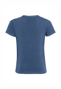 T-shirt azul de manga curta com decote redondo. Feito de tecido leve e suave com uma textura lisa. Design simples, sem padrões ou detalhes.