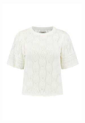 White knitted short-sleeve top with a textured pattern featuring wavy lines and a rounded neckline. Soft, lightweight material.