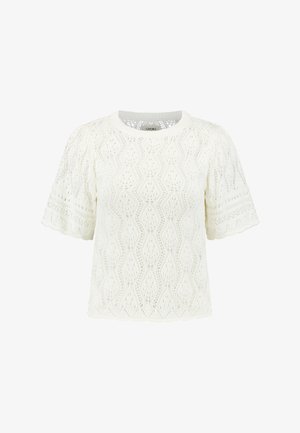 Valge kudumine lühikeste varrukatega särk, mis on kaunistatud lainelise mustriga ning ümmarguse kaelusega. Pehme ja kerge materjal.