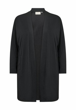 Černý lehký cardigan vyrobený z měkké látky, s otevřeným předním dílem, tříčtvrtečními rukávy a dvěma bočními kapsami. Jednoduchý, minimalistický design.