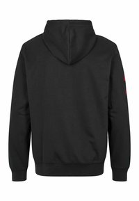 Sweat à capuche noir vu de dos avec manches longues et poignets côtelés, affichant un motif rouge partiel sur la manche droite.