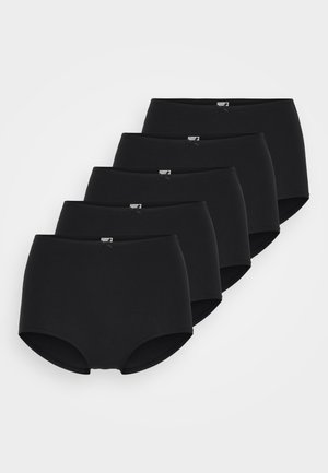 Schwarzes, hochgeschnittenes Unterwäsche-Set bestehend aus fünf Teilen. Glattes Material, gleichmäßige Form und ein dezentem Schleifendetail am Bund.