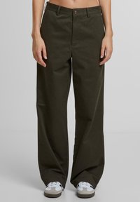 Donkergroene wijde broek van een katoenmix, met een knoopsluiting en subtiele logo- borduursel nabij de zoom.
