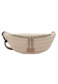 Borsa a vita beige con motivo, dotata di doppia cerniera, tracolla regolabile e patch rettangolare del marchio con la scritta "Tamaris" al centro frontale.