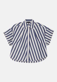 Short-sleeve shirt with a collar, featuring alternating navy blue and white vertical stripes. Fabric appears smooth with a relaxed fit.