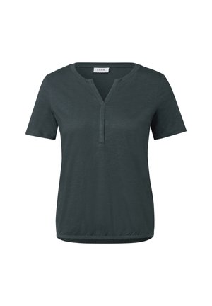 Dunkelgrünes Kurzarmshirt mit V-Ausschnitt und Knopfleiste, aus einem glatten, leichten Stoff, mit lockerem Schnitt und abgerundetem Saum.
