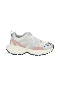 Sneaker atletico leggero in grigio, rosa e bianco con pannelli in rete, suola in EVA, lacci e un loop per una facile calzata.