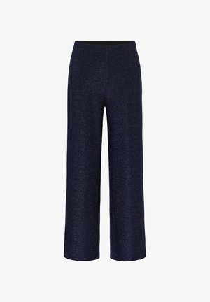 Navy wide-leg trousers made from a textured, shimmering material. Features a fitted waistband and a straight cut down to the ankle.